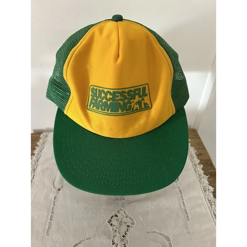 Vintage Successful Farming Yellow with Green Mesh Snapback Hat Cap USA Made READ